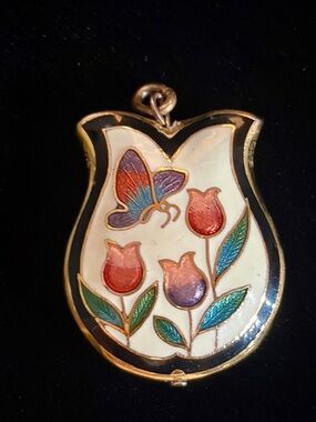 Vintage Cloisonné Enamel Tulip & Butterfly Pendant - Multicolor Floral Charm